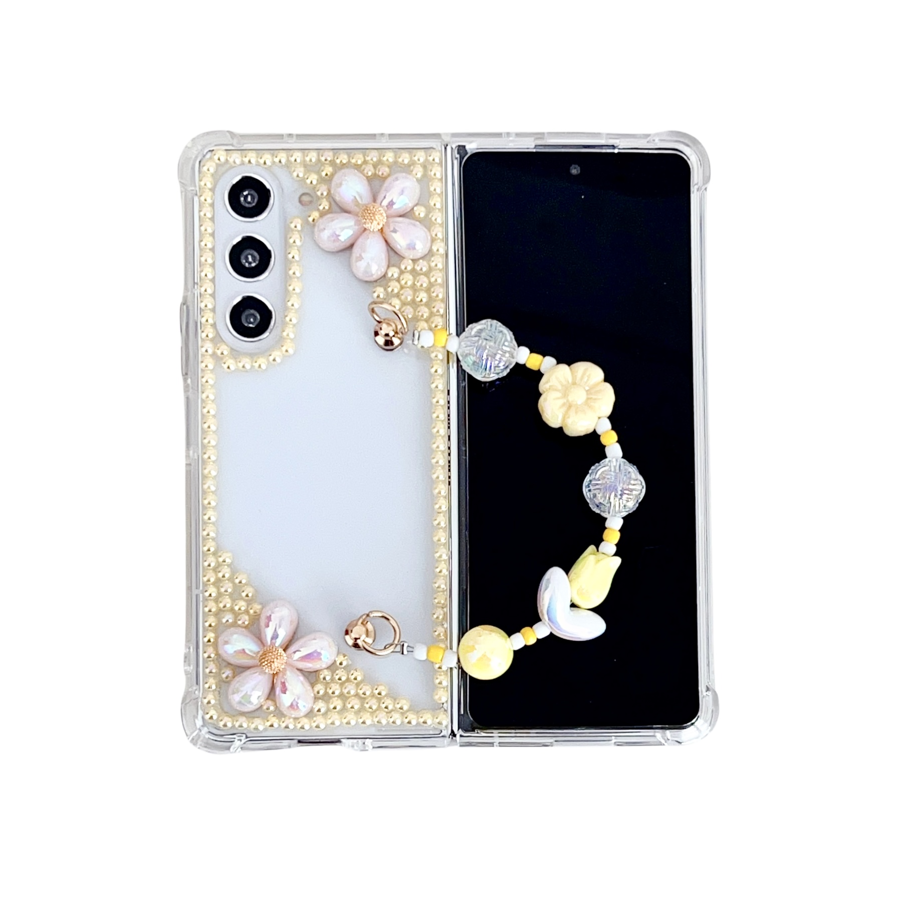 FOLD5 Flower Bling Pearls Cases voor Samsung Galaxy Z vouw 5 4 3 zfold4 zfold5 vouw4 luxe helder vouwen harde acryl pc tpu schokdichte hoes met pols chian riem