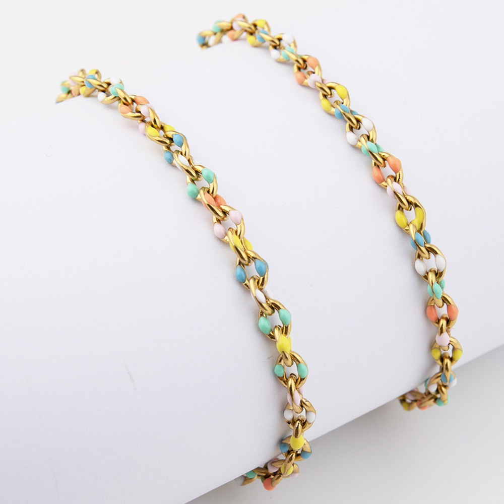 Bunte Emaille Edelstahlkettenkette Halskette Armbänder Schmuck Set Frauen echtes goldplattiertes Geschenk