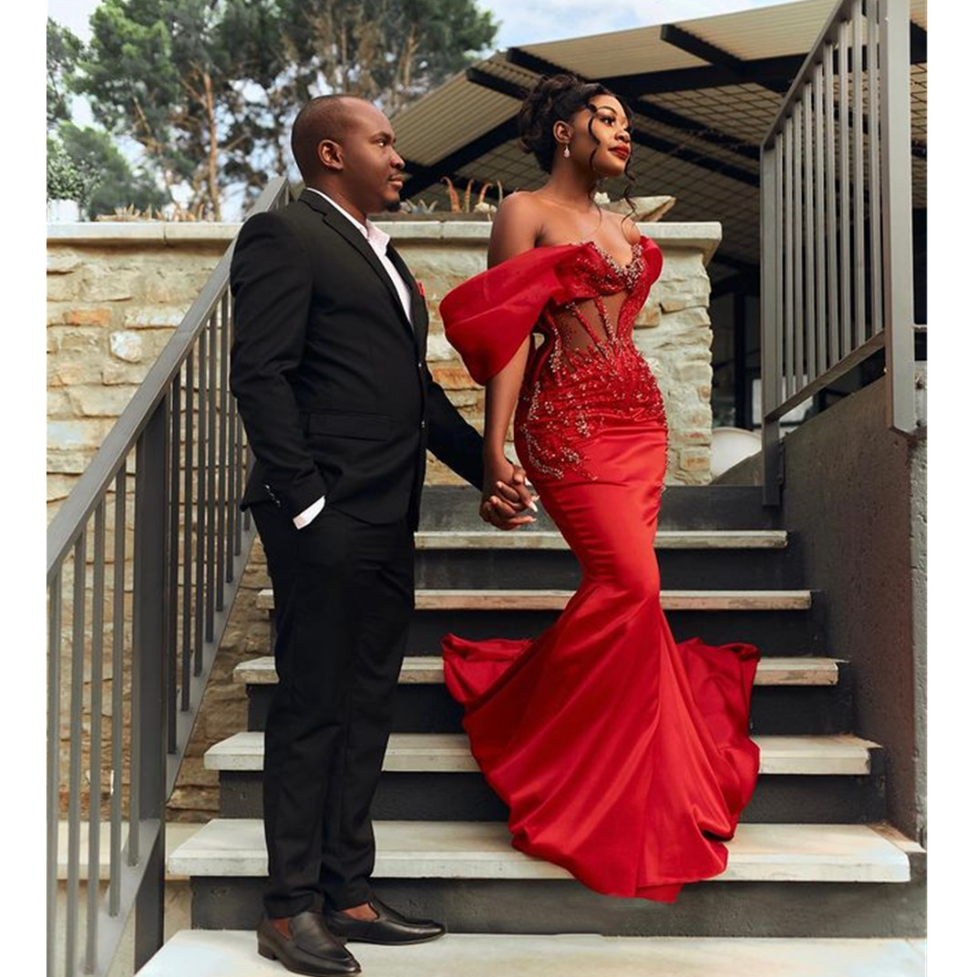 Red Beading Mermaid Prom Dresses Off The Shoulder Aso Ebi Evening Dresses Africa Plus Size Formal Gowns