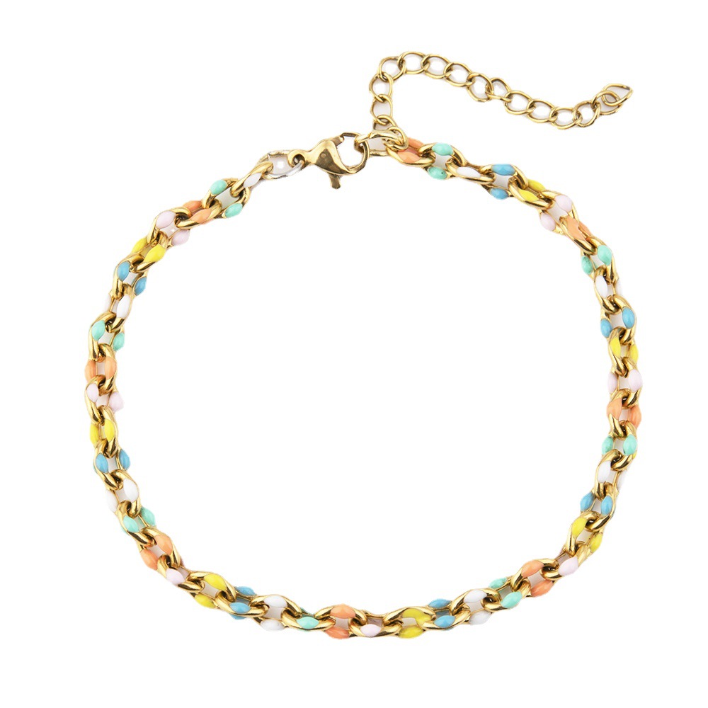 Bunte Emaille Edelstahlkettenkette Halskette Armbänder Schmuck Set Frauen echtes goldplattiertes Geschenk