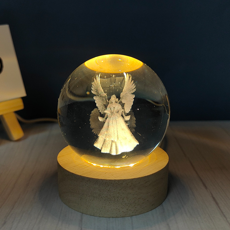 60mm Crystal Glass Ball 3D Laser Engravd Small Night Light Lamp with LED Wooden Base Home Decoration T0213