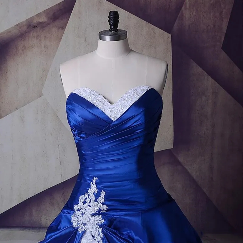 Royal Blue White Beading Wedding Dress Appliqued Sweetheart Neck Bridal Gowns Strapless Ball Gown Party Dresses