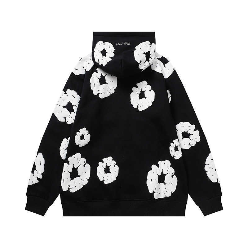 Tears Puff Men's Hoodies Winter Readymade Foam Flower Co Branded Denim Printed Distressed Pullover Cap Embroidery White Kapok Tidal Sweatshirts 3DDJ