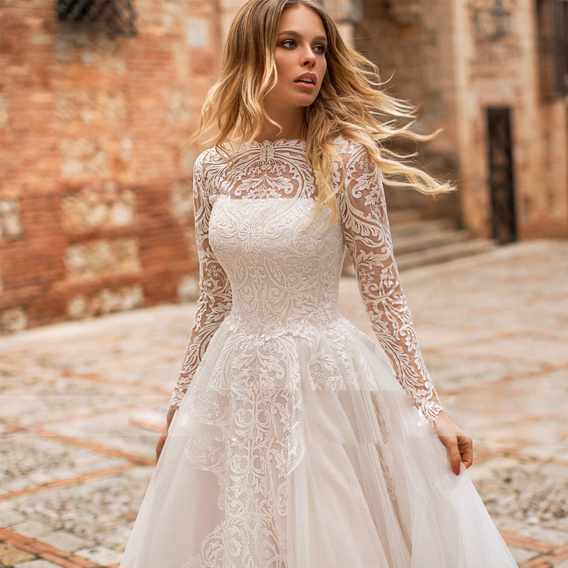 Bellissime appliques in pizzo abito da sposa formale con manica lunga elegante abito da sposa da sposa principessa più abiti da sposa la sposa