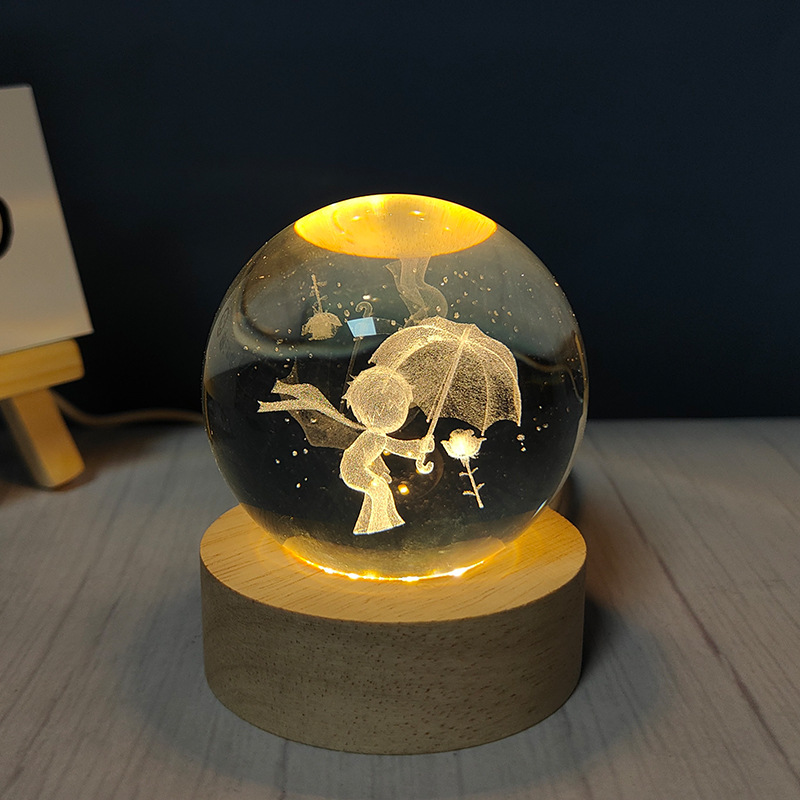 60mm Crystal Glass Ball 3D Laser Engravd Small Night Light Lamp with LED Wooden Base Home Decoration T0213