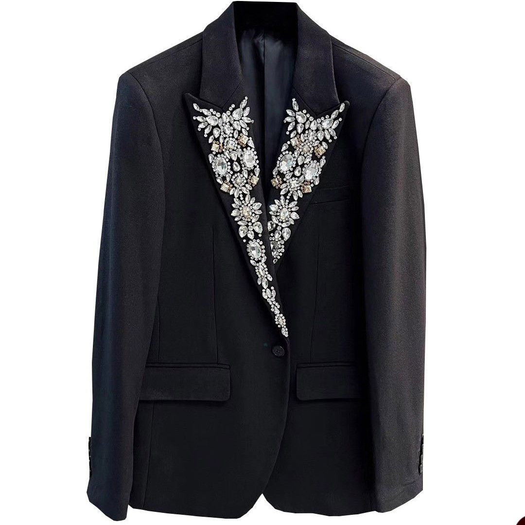 Schwarze Luxus Männer Hochzeit Blazer 2 Stück Kristall Peaked Revers Smokedos Schlanker Fit Bräutigam Abschlussabend Partyjacke Mitte gemacht