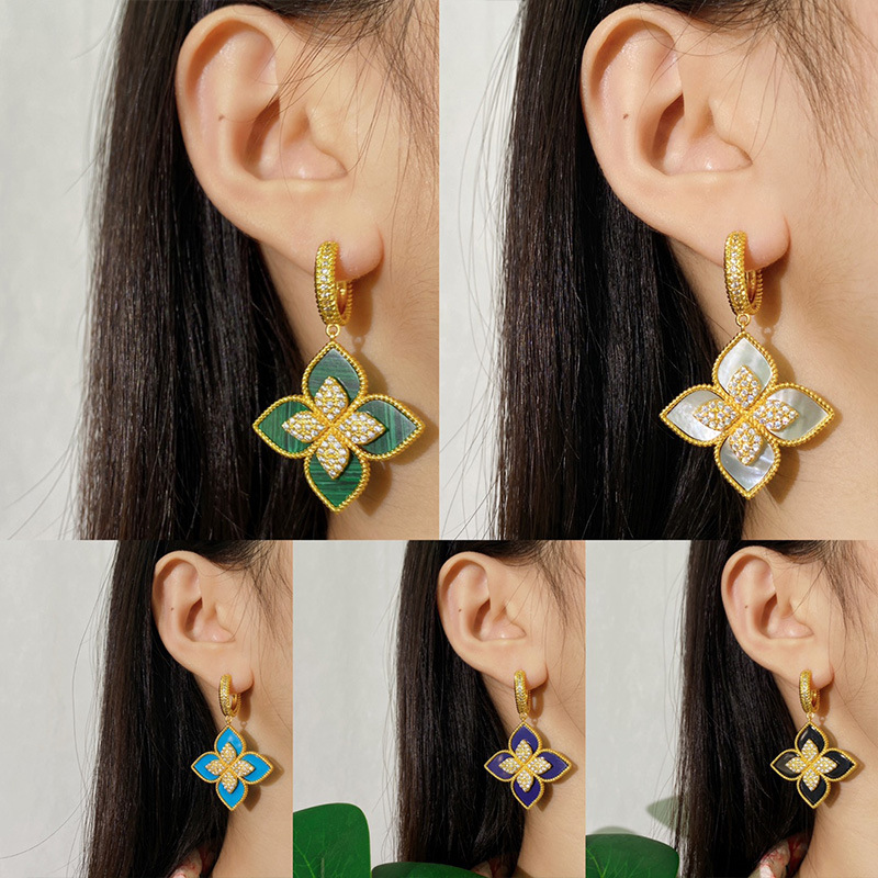 2023 New Copper Four Leaf Clover stud Flower earring Designer Jewelry Gold Silver Green color Flower earring Link Chain Womens gift