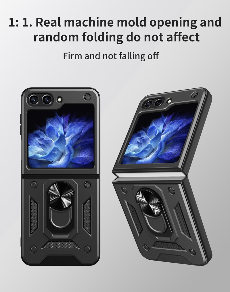 Samsung Galaxy Z Flip 5 5Gケースショックプルーフ耐久性のある携帯電話保護カバー付きカバーカメラリングキックスタンド電話ケース