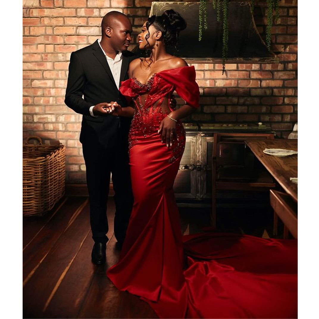 Red Beading Mermaid Prom Dresses Off The Shoulder Aso Ebi Evening Dresses Africa Plus Size Formal Gowns