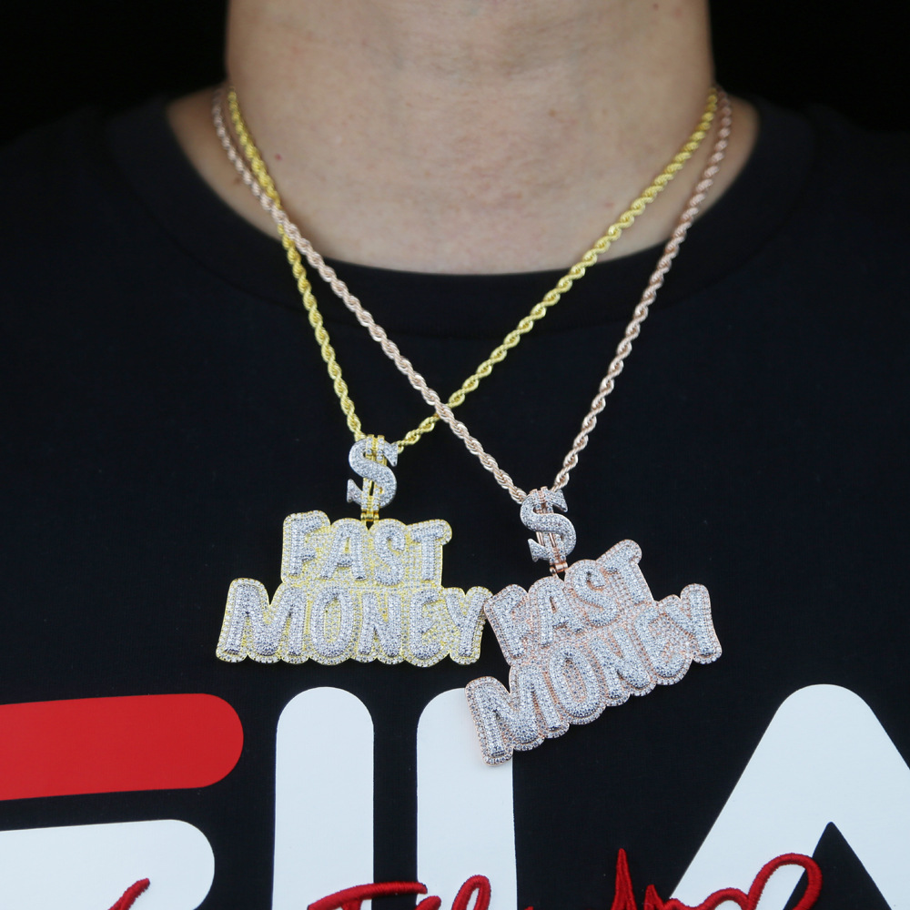 Hip Hop FAST MONEY Letters Pendant Necklace Jewelry Mens Rap Large Pendants