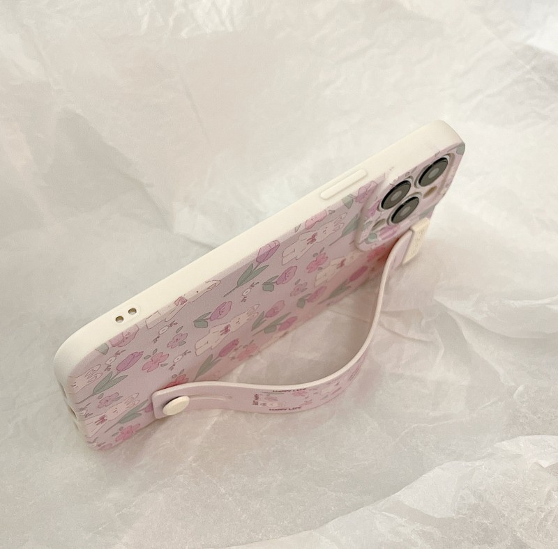 Purple Flower Rabbit Wrist Strap Phone Case Suitable for 13pro 11 Simple XR Straight Edge 14