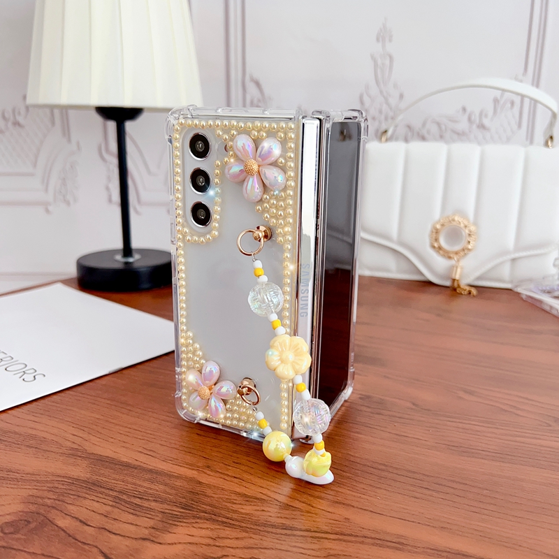 FOLD5 Flower Bling Pearls Cases voor Samsung Galaxy Z vouw 5 4 3 zfold4 zfold5 vouw4 luxe helder vouwen harde acryl pc tpu schokdichte hoes met pols chian riem