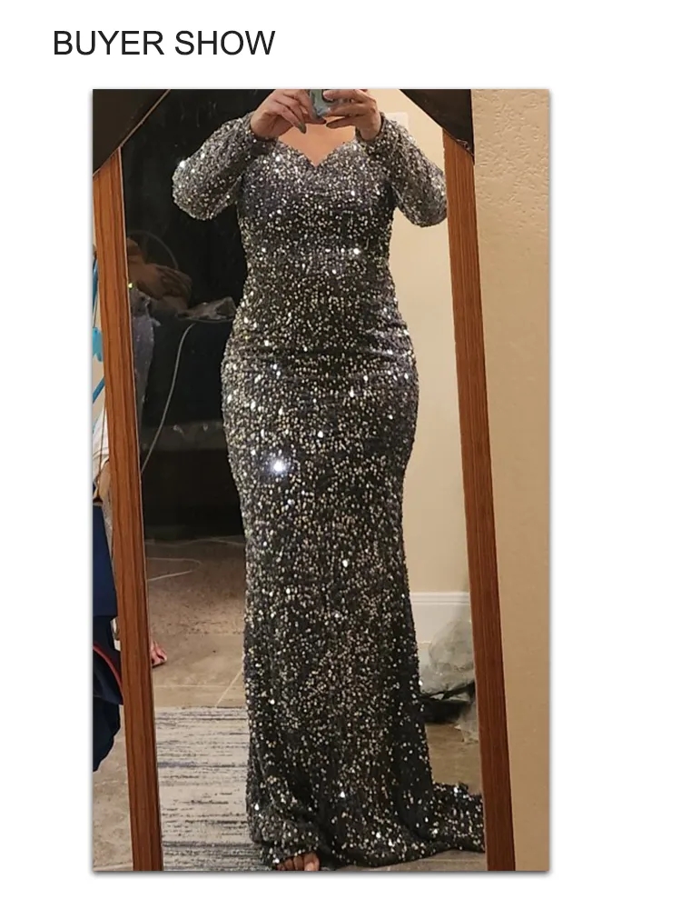 Glanzende zwarte lovertjes Mermaid prom jurken plus size met lange mouwen vrouwen speciale afgelegen feestjurken slanke gepaste beroemdheid rode gala avond formele jurk cl2722