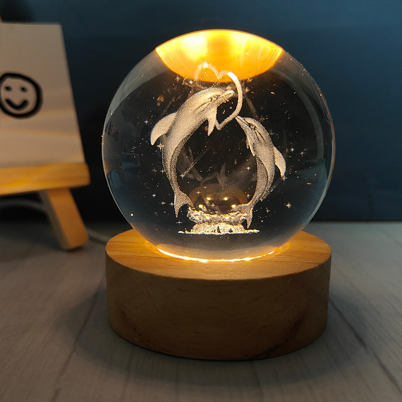 60mm Crystal Glass Ball 3D Laser Engravd Small Night Light Lamp with LED Wooden Base Home Decoration T0213