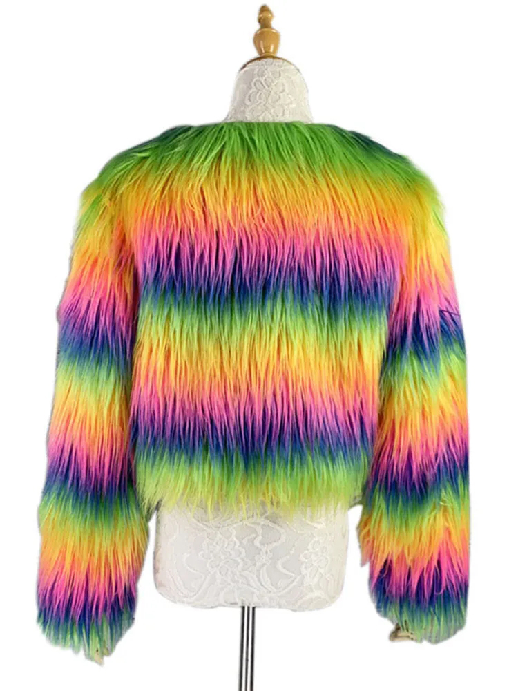 Mode farbenfrohe Regenbogen haarige Kunstpelzmantel Frauen Crop Top 2023 Herbst Winter Fluffy Cropped Jacket Festival Kleidung Kleidung