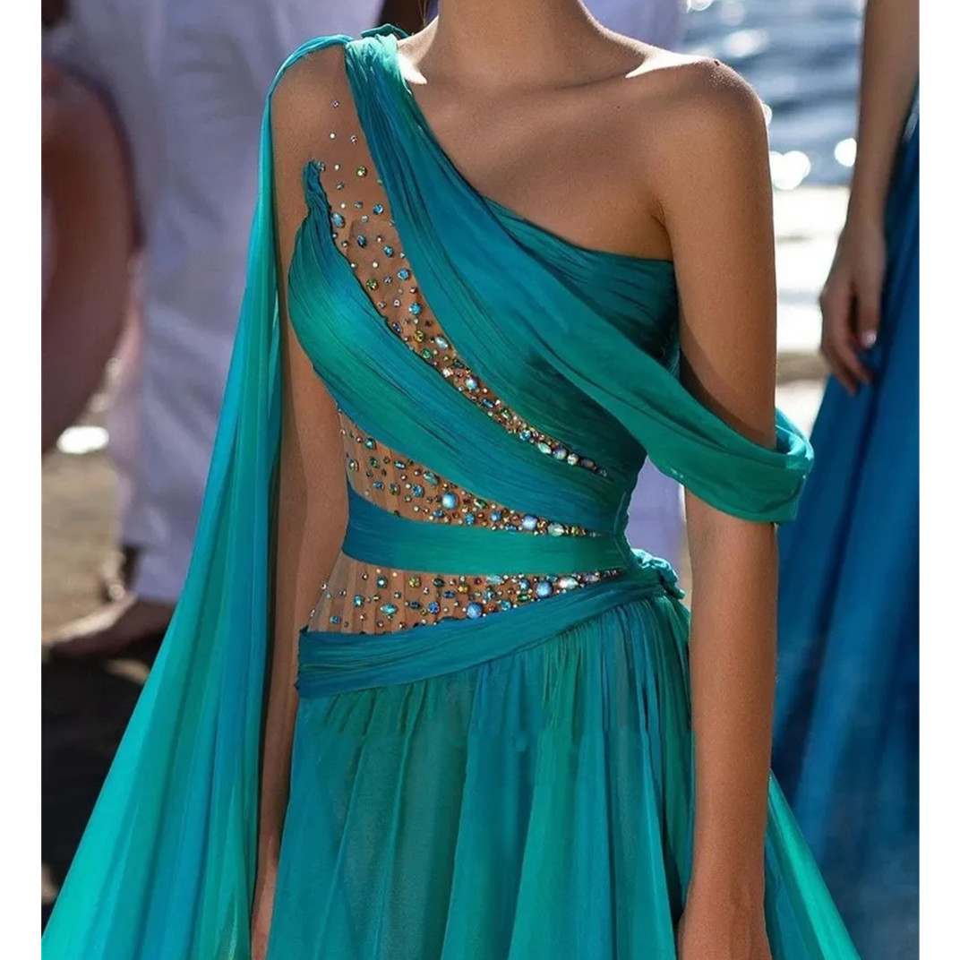 Sexy One Shoulder Silk Chiffon Beach Prom Evening Dresses Sparkly Beads Dubai Arabic Long Cape Party Dress Formal Gown