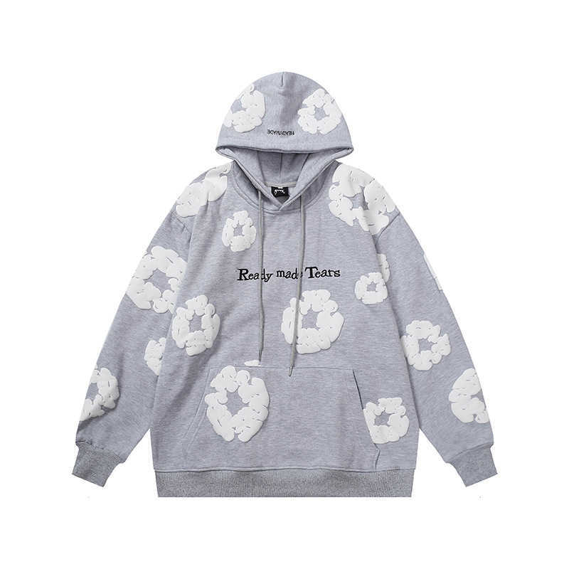 Tears Puff Men's Hoodies Winter Readymade Foam Flower Co Branded Denim Printed Distressed Pullover Cap Embroidery White Kapok Tidal Sweatshirts 3DDJ