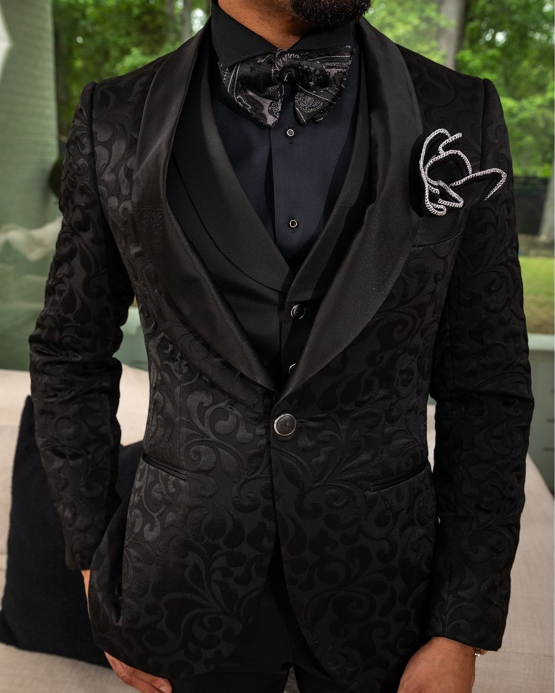 Floral Jacquard Men Wedding Suits Shawl Lapel Tuxedos Fashion Groom Wear Prom Party Blazer Vest With Pants Custom Made