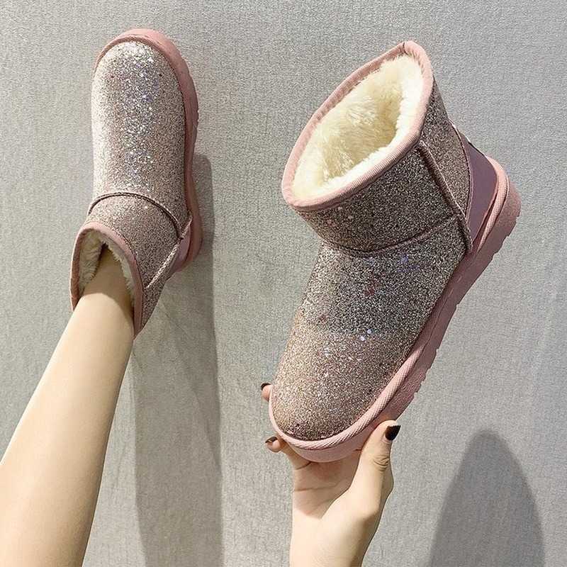 Boots Women Glitter Boots 2023 Short Plush Woman New Warm Soft Ladies Ankle Boot Winter Fur Bling Platform Female Casual Shoes