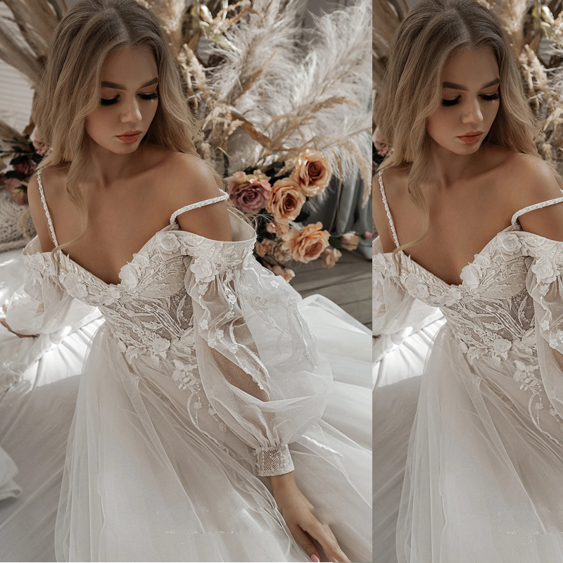 3D Flowers Lace Wedding Dress With Straps Bishop Long Sleeves Wedding Bridal Gown Off Shoulder Dresses For Plus Size Woman