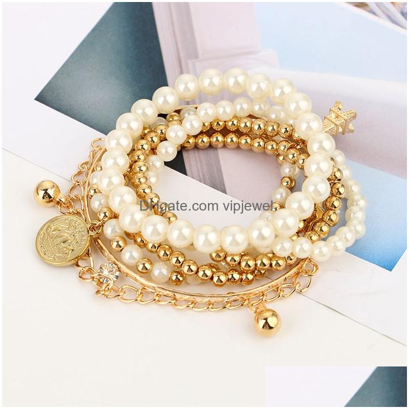 Chain Fashion Gold Color Link Pearl Beads Bracelet Star Mtilayer Beaded Bracelets Set For Women Charm Party Jewelry Gift 5483 D Dhlzt