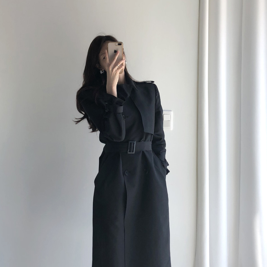 New Fashion Women Feminino Autumn British Style Doule Basted Turn Down Collar With Belt Midi Long Trench Coat Sml