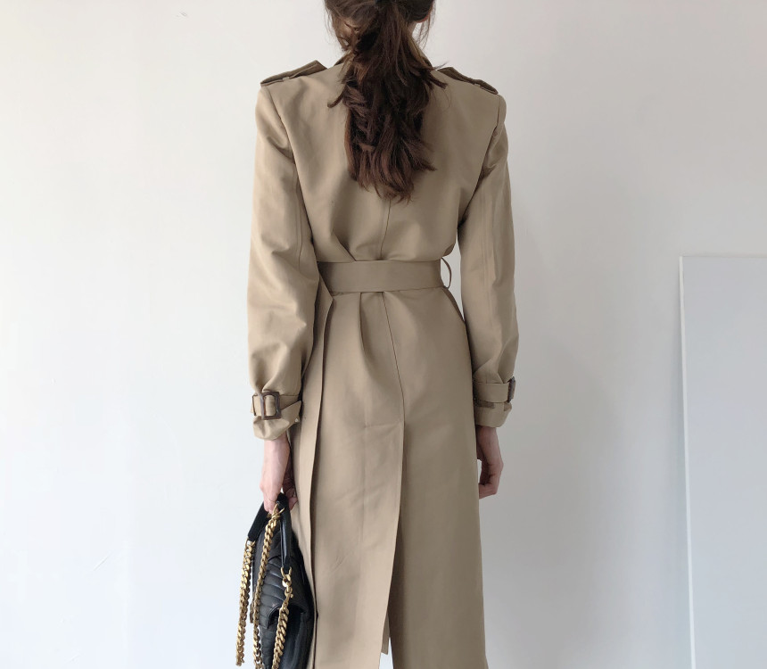 Nieuwe mode dames herfst Britse stijl Doule borsten af ​​te wijzen kraag met riem midi lange trenchcoat sml