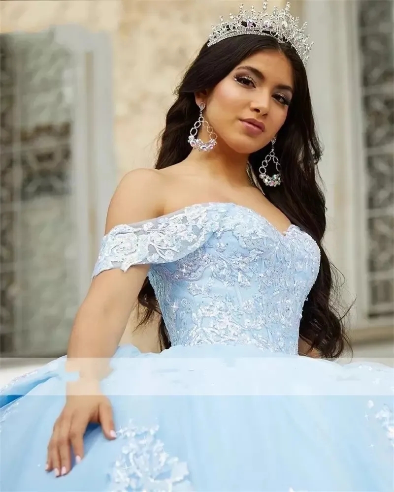 스카이 블루 볼 가운 Quinceanera 드레스 오프 어깨 비즈 아플리케 스위트 스위트 16 드레스 vestidos de 15 anos bc16786