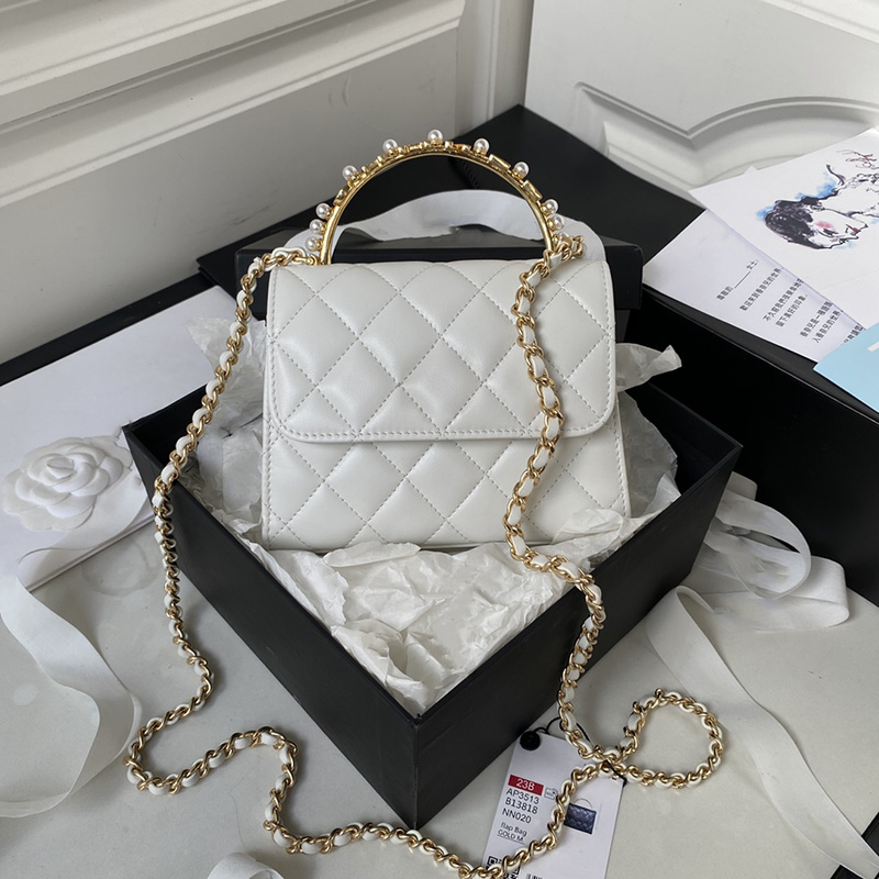 Mini borsa da donna con catena Borsa tote di design di alta qualità Borse in vera pelle bianca nera Borsa con perle alla moda Portafoglio da sposa feste con scatola