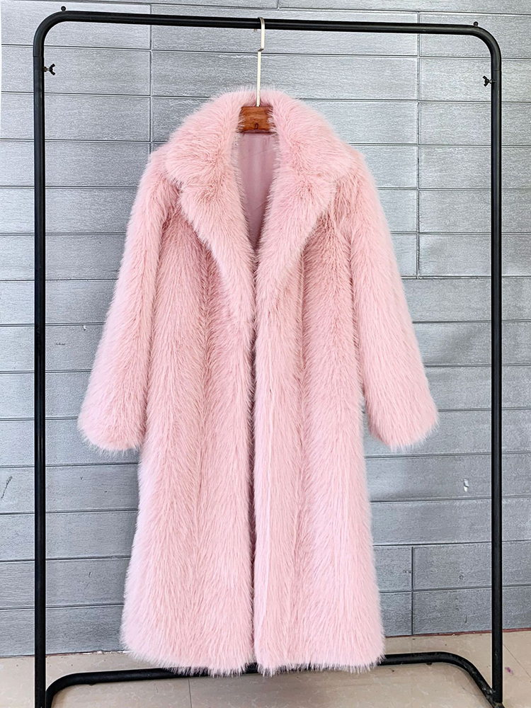 2023 Winter Fluffy Jacket Women Solid Lapel Long Faux Fox Fur Coat Ladies Furry Warm Pink White Jacket Trench Coats Tops