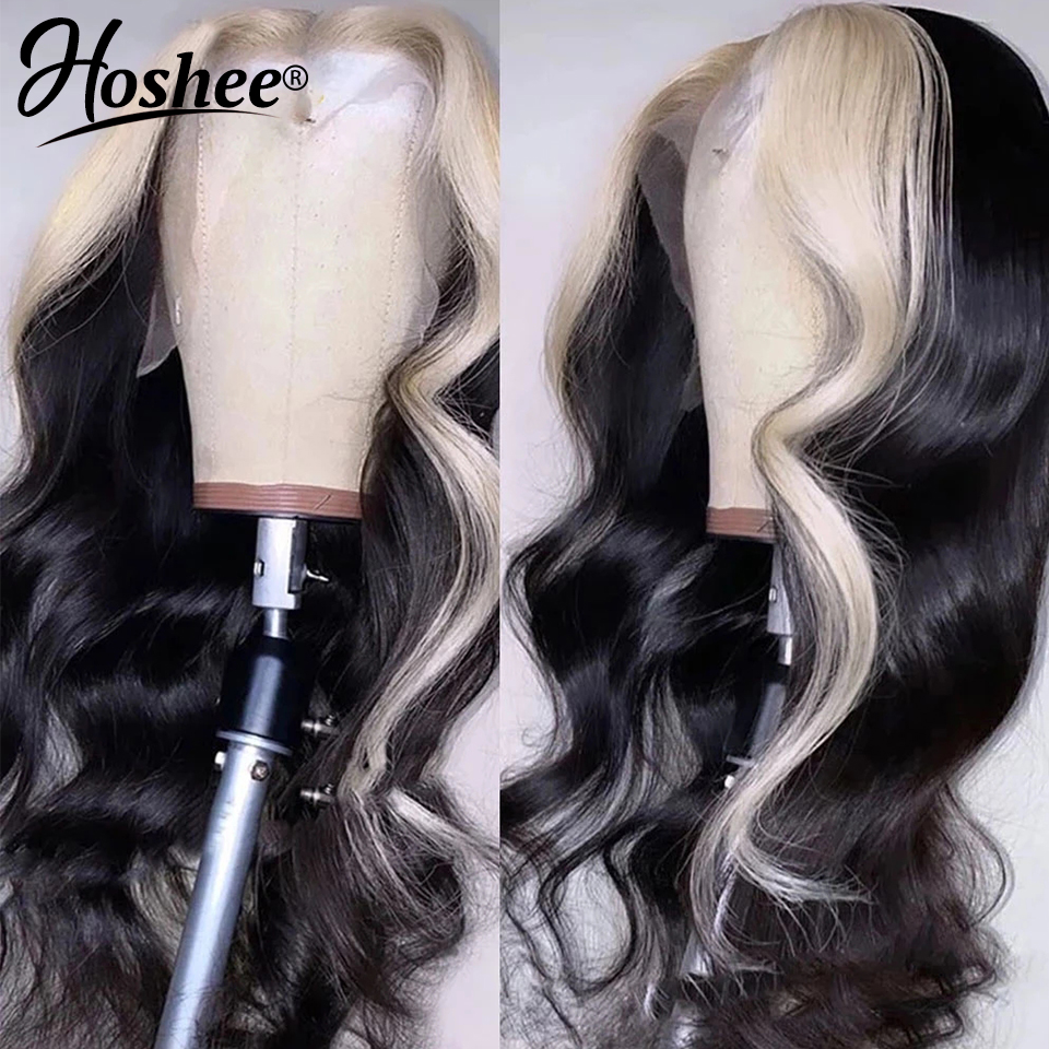 Braziliaans haar Zwart Witte Skunk Stripe Hoogtepaar Pruik 30 inch Body Wave Lace Voorpruik 13x4 OMBRE Gekleurde kant Front Simulatie Haarpruiken voor vrouwen voor vrouwen