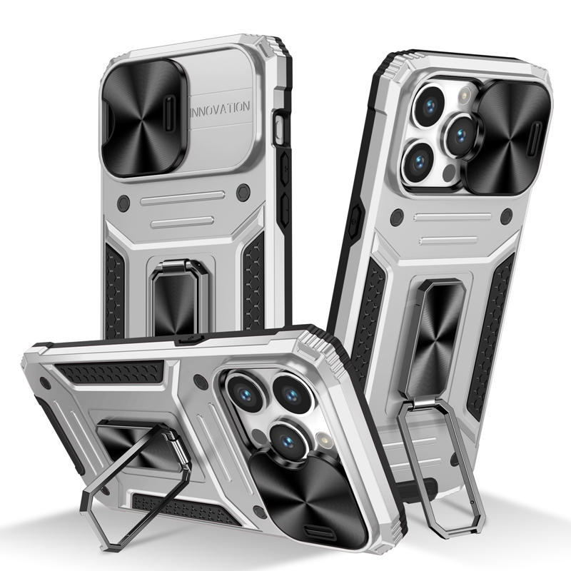 Bilfäste metallfingerringhållare Fall för iPhone 15 Plus 14 13 Pro Max 12 Defender Hybrid Layer Magnet Hard PC TPU Kickstand Gliding Camera Lens stötsäkert omslag