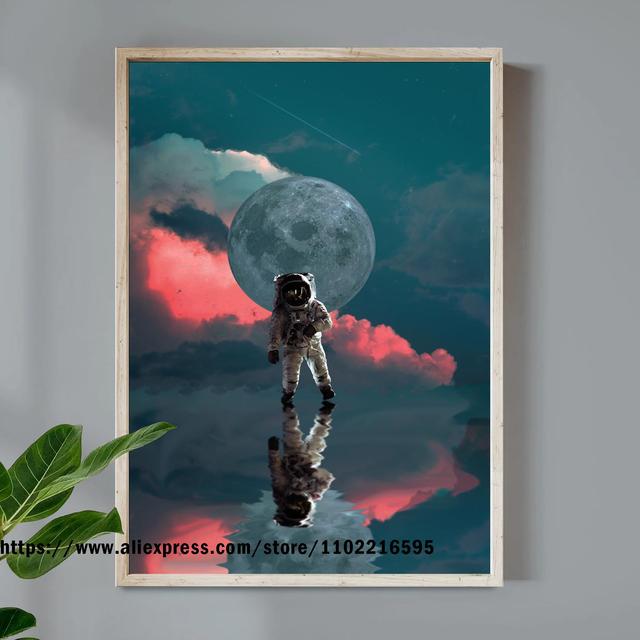Astronauta kosmiczna plakaty i drukowanie astronauta kosmiczna księżyc malowanie na ścianie sztuka obrazka sypialnia pokój mieszkający chłopiec dekoracje domu bez ramy wo6