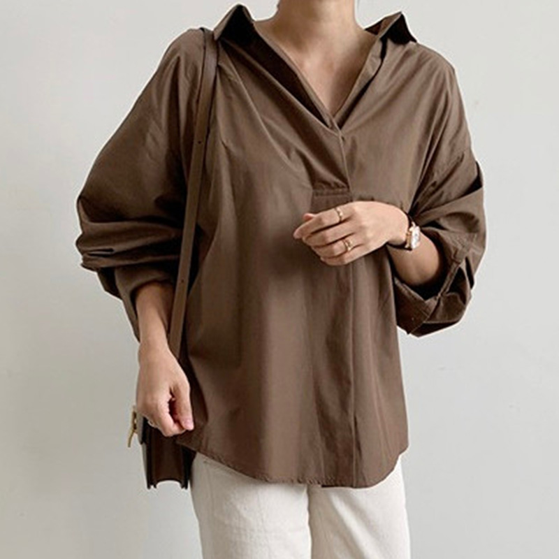 Nieuwe mode dames herfst solide kleur poloshirt losse Koreaanse blouse met lange mouwen