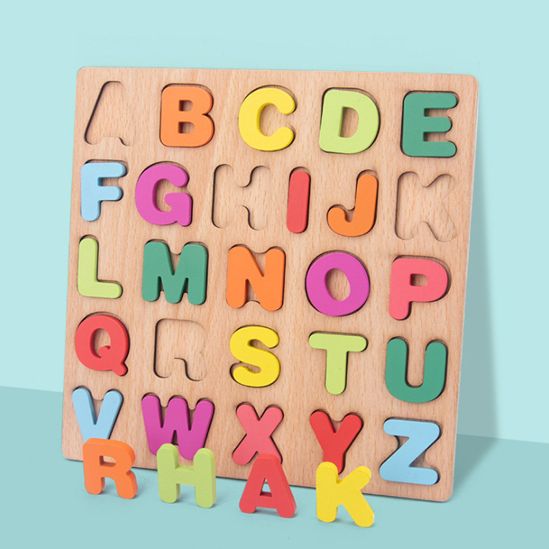 Wooden Puzzle Letters Numbers Geometric Shapes Building Blocks 20*20*0.7CM