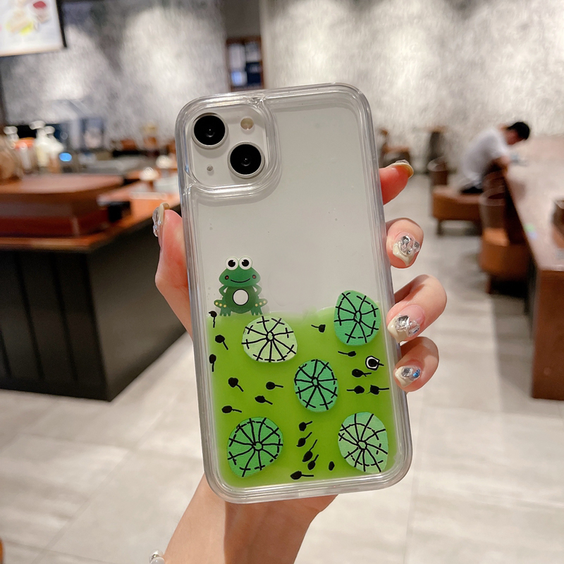 Custodie Frog Tadpole Quicksand Iphone 15 14 Plus 13 12 Pro MAX 11 XS XR X 8 7 6 Cartoon Cute Happy Lotus Leaf Hard PC TPU Liquid Bling Glitter Cover posteriore colorata cellulare