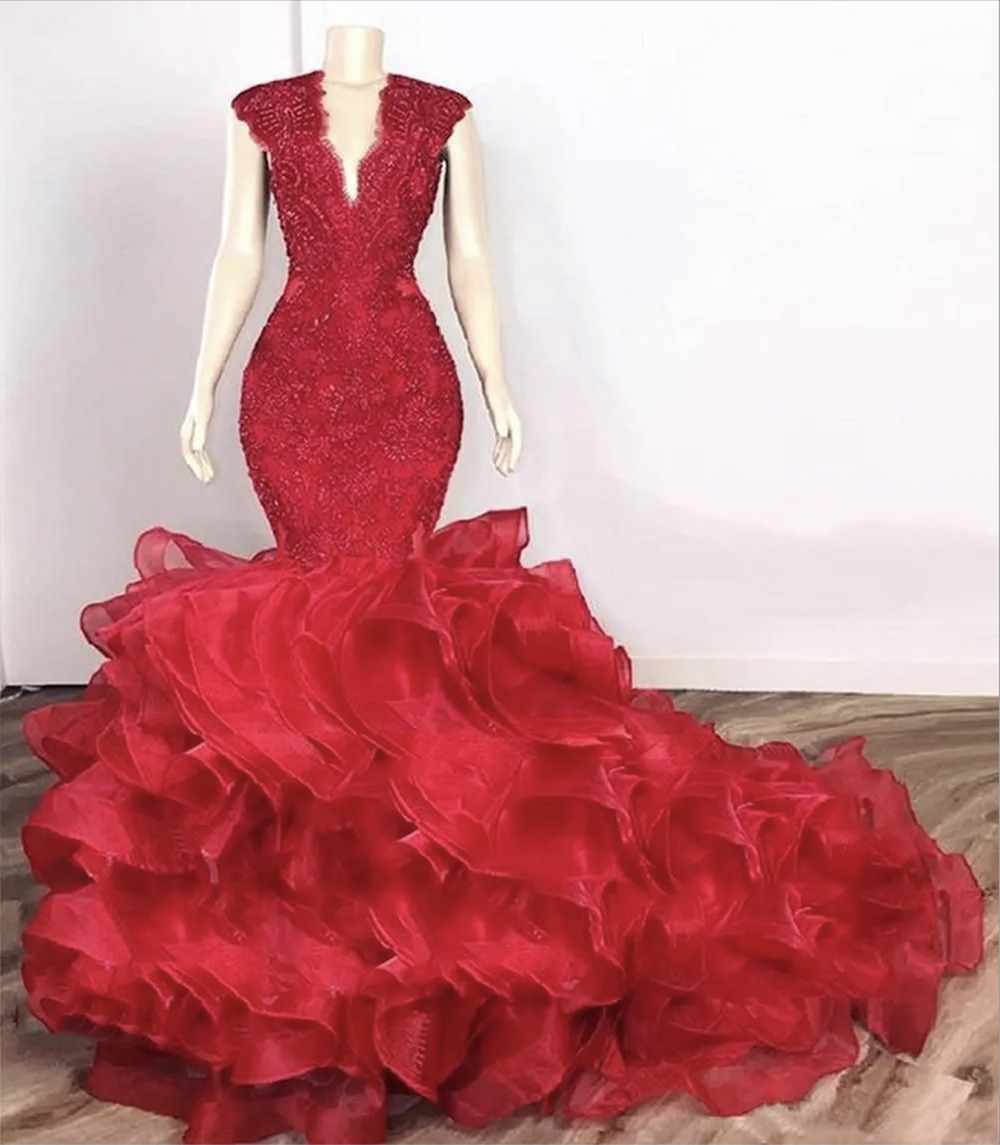 Organza ruffles kjol v hals kungblå sjöjungfru prom klänningar 2023 aftonklänningar festklänningar mantel de soiree