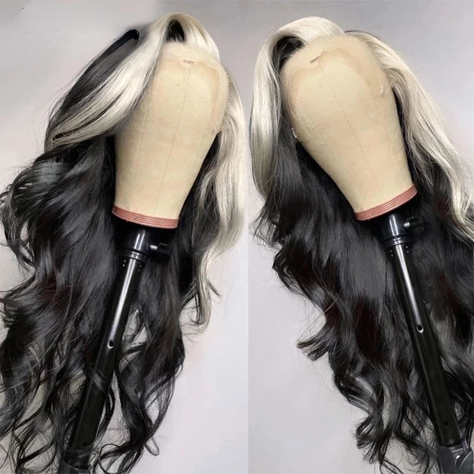 Parte livre branca destaque Braço preto Cabelo humano renda frontal peruca transparente 13x4 renda cheia onda corporal renda frontal peruca sintética resistente ao calor