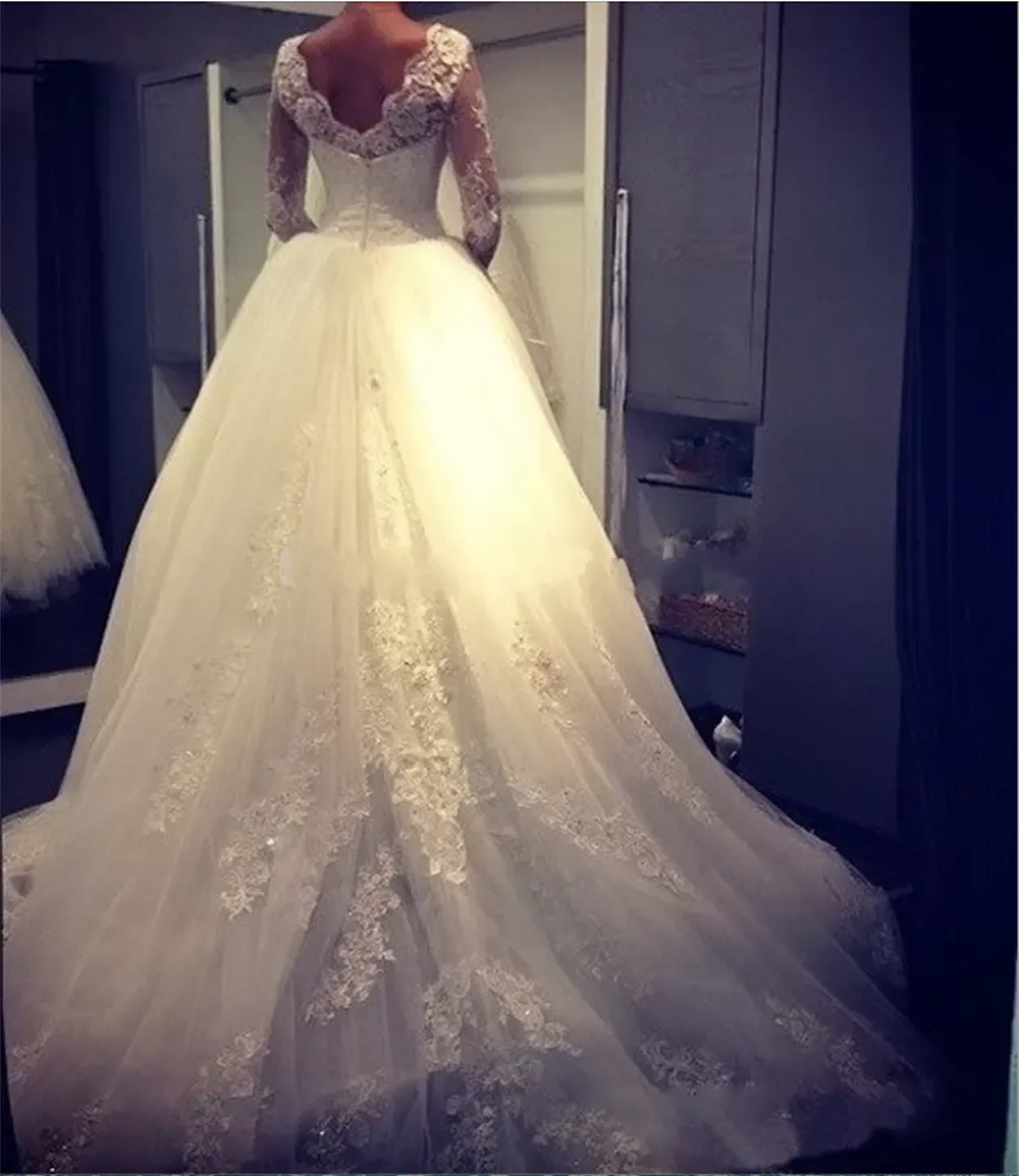 2023 Elegante lange mouwen trouwjurken bruidsjurk met kanten applique hoge nek kralen tule sweep trein op maat gemaakte plus size vestido de novia