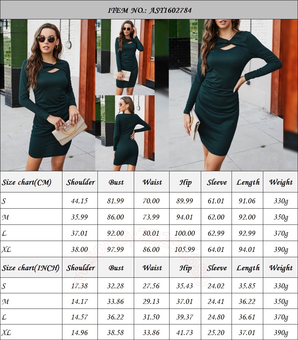 Europe, America, autumn and winter long-sleeved hip-wrapped evening dress female fashion sexy solid color slim and simple knee-length dress AST1602784