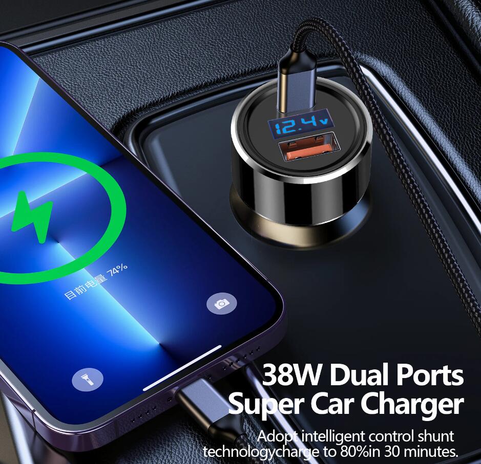 휴대용 알루미늄 합금 자동차 충전기 USB 유형 C 디스플레이 디스플레이 12V 배터리 충전기 QC3.0 PD 38W 빠른 자동차 충전기