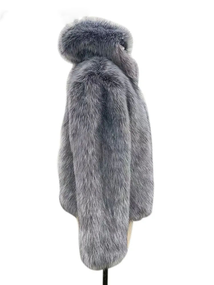 2023 Dicke warme Winterjacke Frauen Mode Faux Waschbär Silber Fox Fellmantel Kapuze flauschiger Kunstpelzjacke Frauen Outwear Outwear