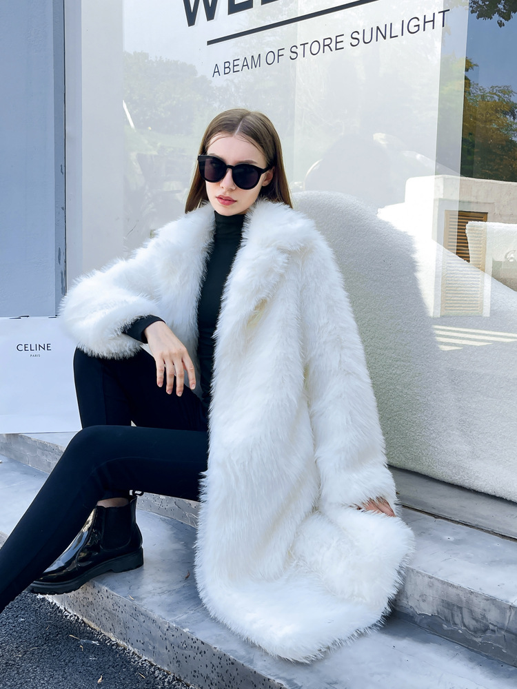 2023 Winter Fluffy Jacket Women Solid Lapel Long Faux Fox Fur Coat Ladies Furry Warm Pink White Jacket Trench Coats Tops