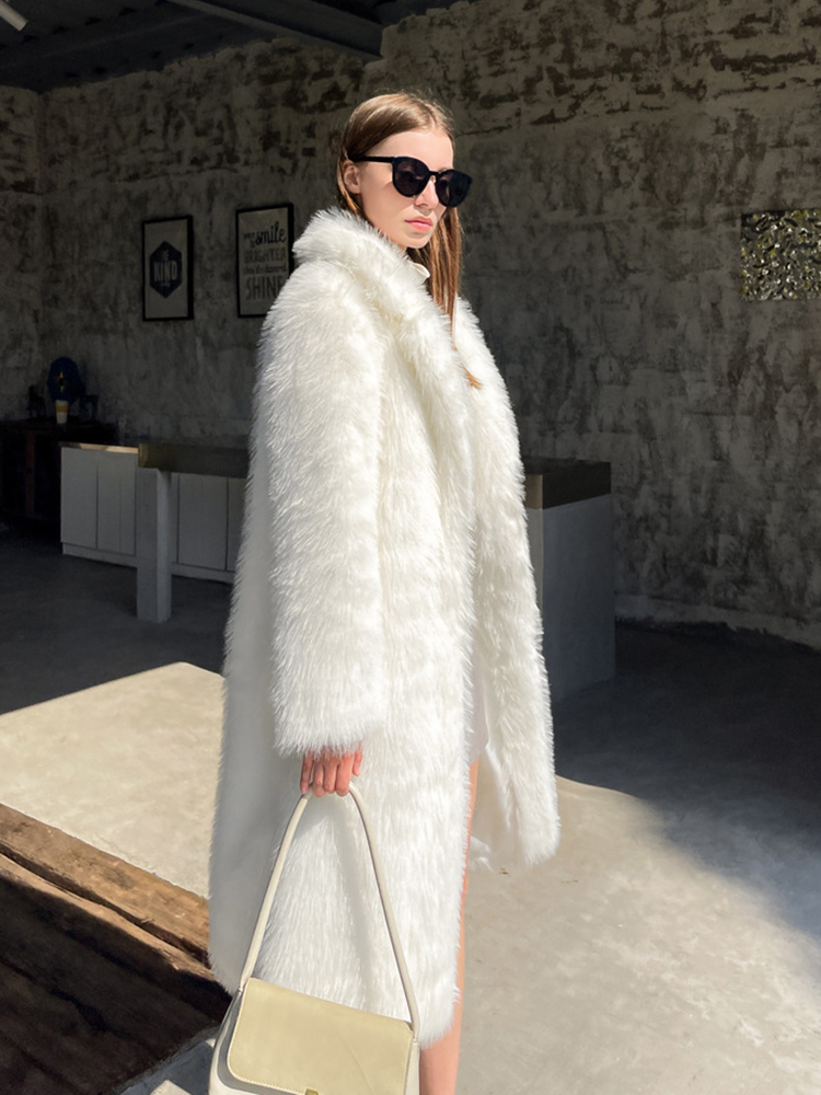 2023 Winter Fluffy Jacket Women Solid Lapel Long Faux Fox Fur Coat Ladies Furry Warm Pink White Jacket Trench Coats Tops