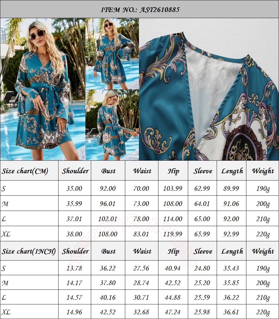 Strand Boheemse zonnebrandcrème V-hals korte rok, modieus en slank, vierzijdig elastisch printen, flare mouw jurk AST2610885