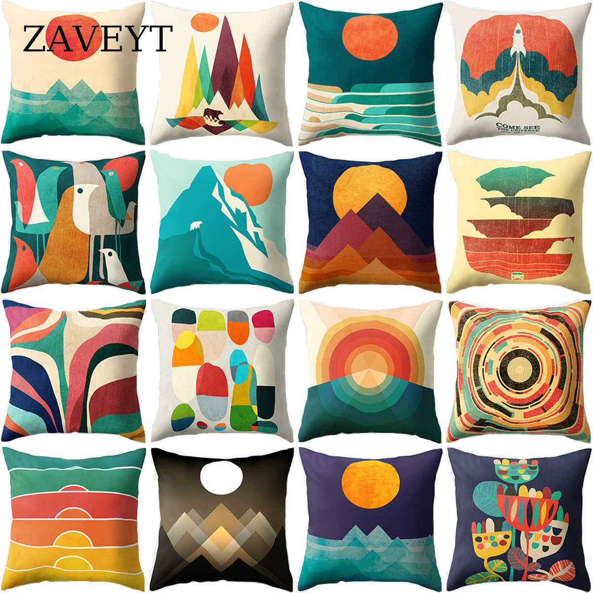 Caisse d'oreiller zaveyt Nouveau dessin animé à la tendance Sunrise Mountain Peak Cover pour canapé Home Throw Cushion Coussin Decorative Polyester Print 45x45 HKD230817