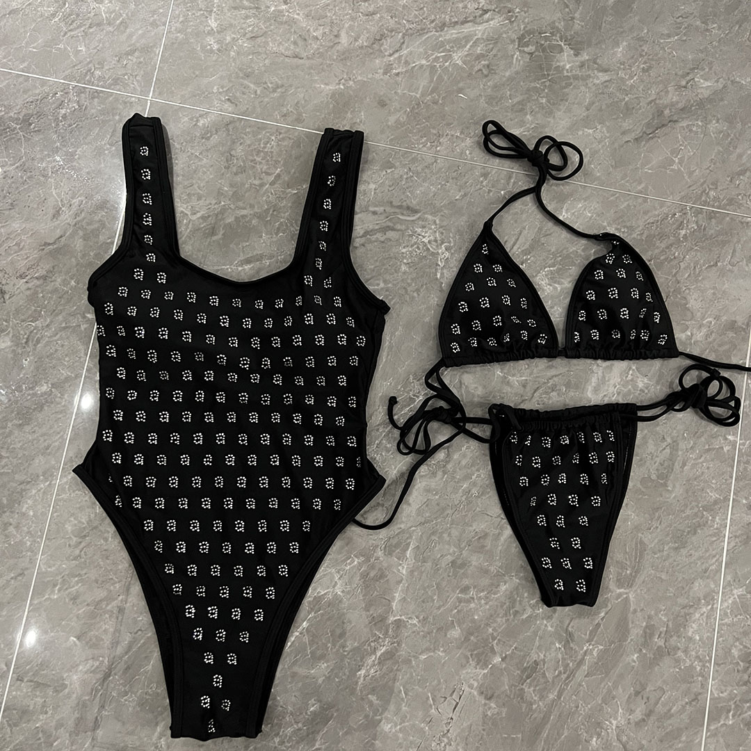 Women Sexy Crystal Letter bikini Rhinestone Bathing suit One Piece Swimwear Padded Beachwear Free adjusted Bikini set 2023 new arrival Bathing suits