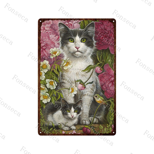 Gato em flores sinais de metal vintage gatos fofos placas de lata de jardim engraçado decoração de metal poster decoração caseira sala de estar de parede de parede pintura de ferro 30x20cm w01