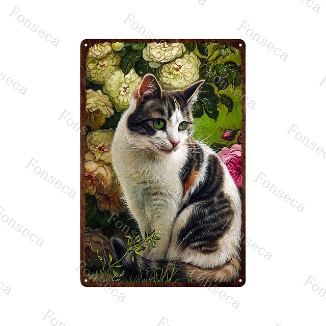 Katze in Blumen Vintage Metallzeichen nie