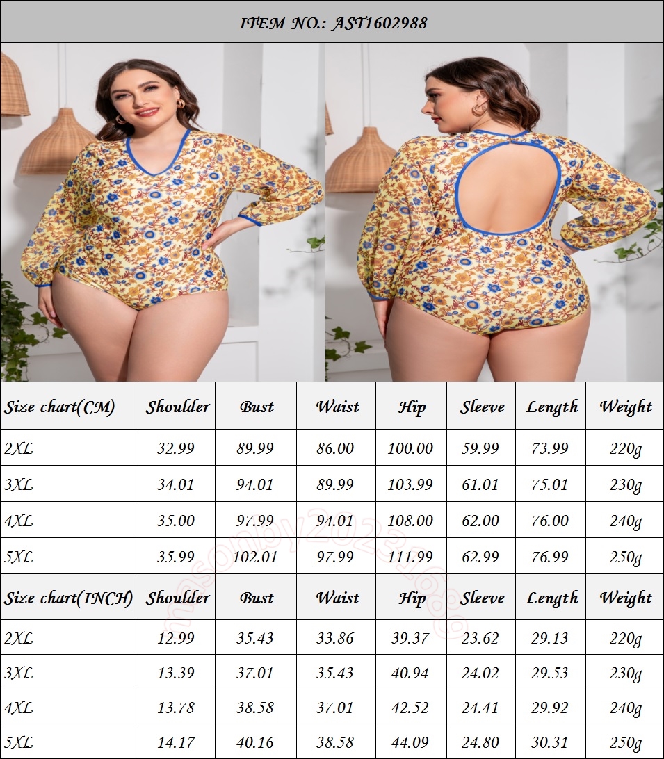 Verão 2023 Protetor solar Large Print Large European e American Plus Size Triângulo Longo Manga Longa Peda de Abertura de Aberto de Aberto de Swimwear Ast1602988